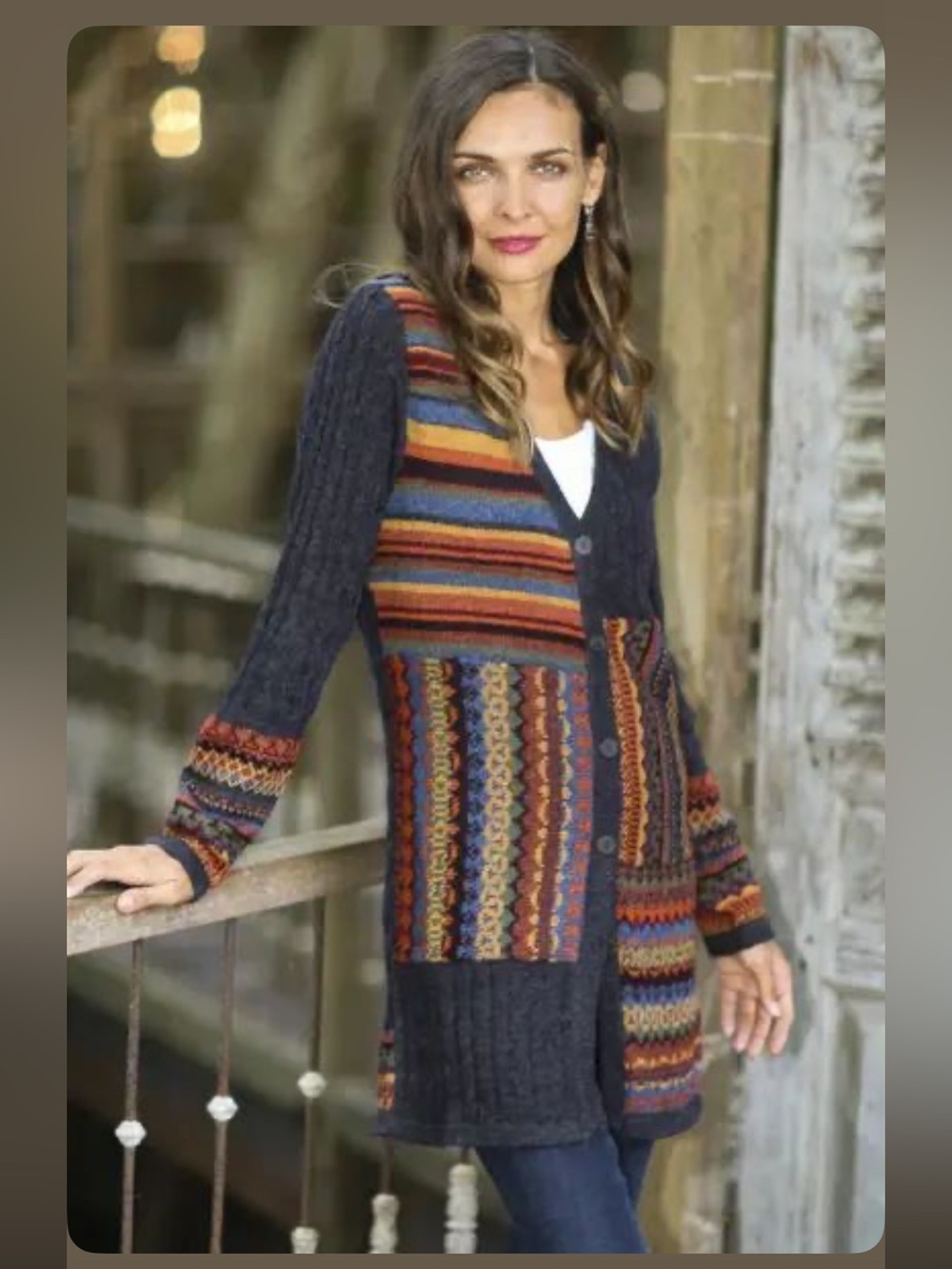 Novica 100% Alpaca Patchwork Print Tunic Length Cardigan Size Small